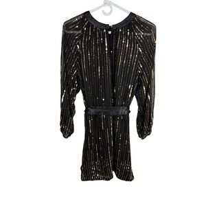 VTG Cache Black Gold Sequin Beaded Dress Long Sleeve LBD Cocktail S Classy